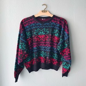 Vintage | 80s Neon Snowflake Acrylic Knit Pullover Crew Neck Sweater
